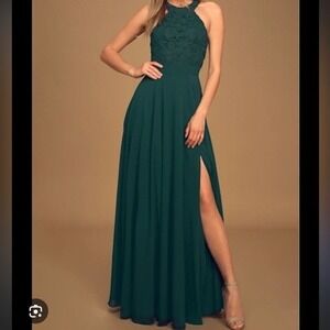 Lulus Green Lace Halter Maxi Dress Side Slit Style Small Emerald Green Event